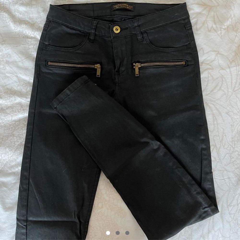 Pull & Bear Black Shiny Leather Pants with Gold Zipper Detailing